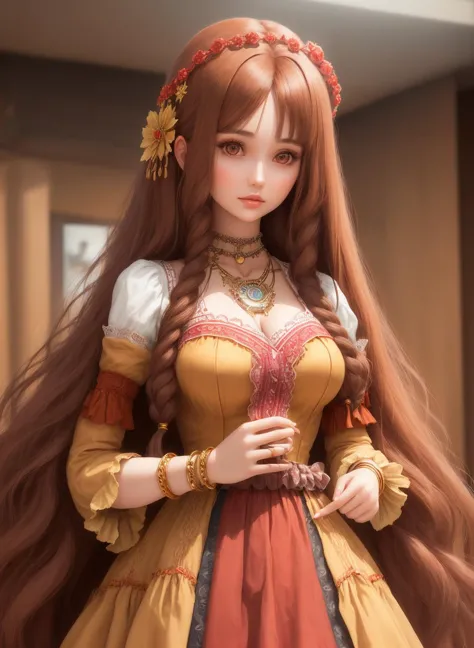 a close up of a woman with long brown hair wearing a dress