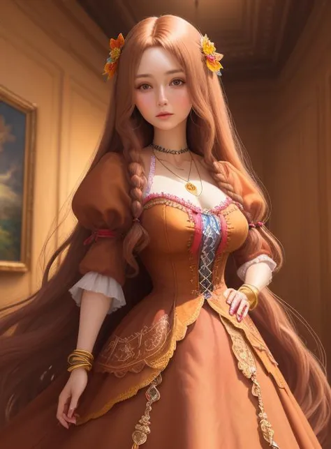 a close up of a doll wearing a brown dress and a flower in her hair