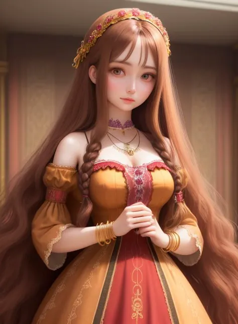 a woman with long brown hair wearing a dress and a tiable