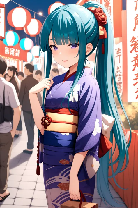 anime girl with blue hair and blue eyes in a blue kimono