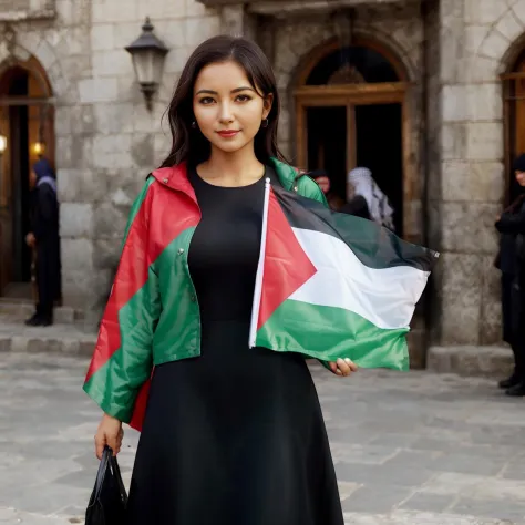 a woman holding Palestine_flag,<lora:PalestineFlag03-000008:1>,