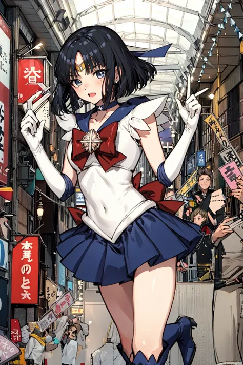 anime girl in a sailor outfit walking down a crowded street