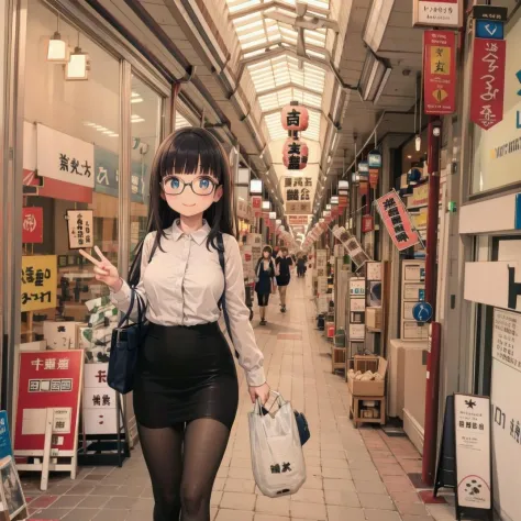 best quality, ultra-detailed, illustration,
tenjinbashisuji, street, scenery, outdoors, vanishing point, bicycle, road, real world location, lantern, paper lantern, ground vehicle, walking, bag, shop, sign, storefront, city, 
(1girl:1.4), glasses, black hair, long hair, medium breasts, white shirt, blouse, black tight skirt, stockings, business bag, happy, upper body, looking at viewer, 
 <lora:tenjinbashisujil_SD15_V1:1>