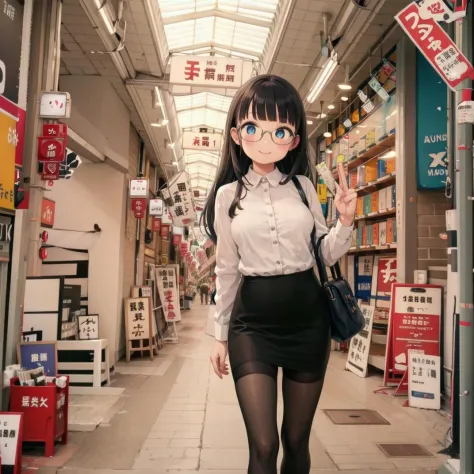 best quality, ultra-detailed, illustration,
tenjinbashisuji, street, scenery, outdoors, vanishing point, bicycle, road, real world location, lantern, paper lantern, ground vehicle, walking, bag, shop, sign, storefront, city, 
(1girl:1.4), glasses, black hair, long hair, medium breasts, white shirt, blouse, black tight skirt, stockings, business bag, happy, upper body, looking at viewer, 
 <lora:tenjinbashisujil_SD15_V1:1>