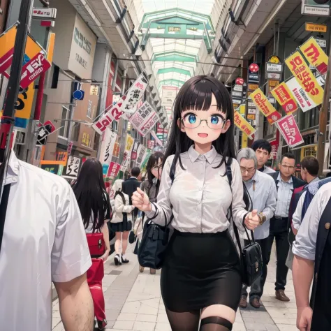 best quality, ultra-detailed, illustration,
tenjinbashisuji, street, scenery, outdoors, sign, 6+boys, real world location, multiple boys, city, crowd, people, vanishing point, building, road, bag, 
(1girl:1.4), glasses, black hair, long hair, medium breasts, white shirt, blouse, black tight skirt, stockings, business bag, happy, upper body, looking at viewer, 
 <lora:tenjinbashisujil_SD15_V1:1>