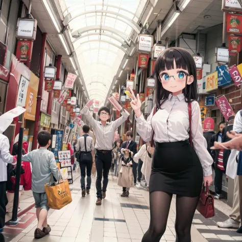 best quality, ultra-detailed, illustration,
tenjinbashisuji, street, scenery, outdoors, sign, 6+boys, real world location, multiple boys, city, crowd, people, vanishing point, building, road, bag, 
(1girl:1.4), glasses, black hair, long hair, medium breasts, white shirt, blouse, black tight skirt, stockings, business bag, happy, upper body, looking at viewer, 
 <lora:tenjinbashisujil_SD15_V1:1>