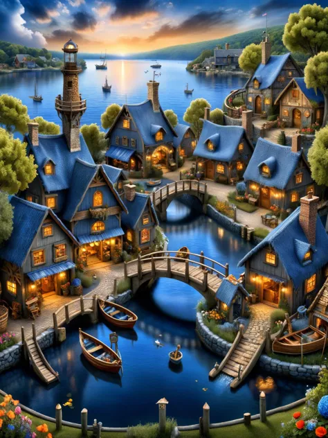 ral-jeans, A whimsical scene of a ral-jeans fairy village, with tiny habor, tiny fishing boats, a lighthouse, houses, ale house,...