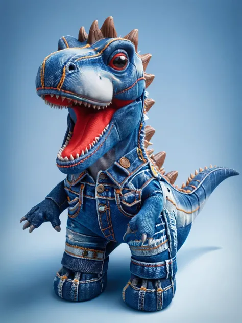 a close up of a stuffed dinosaur wearing a denim jacket