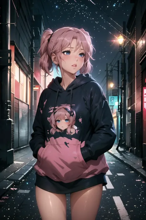 Highly detailed, High Quality, Masterpiece, beautiful, 1girl, emilyab, short hair, pink hair, twintails, blue eyes, <lora:Degen-Emily:0.7>, edgNoire, hoodie,  ([black dress, short skirt|hoodie]::0.5), <lora:Outfit_NoireHoodies:0.8>, street, night, (dark environment), <lora:Style_DarkIncursioStyle:1>