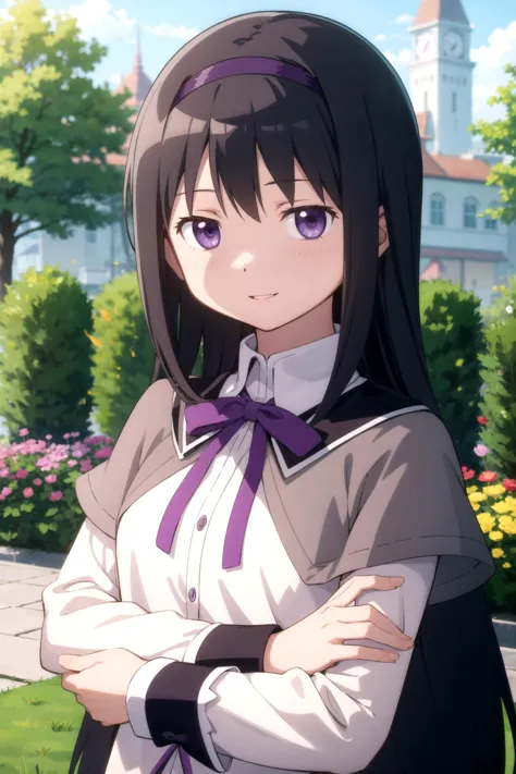 anime girl with long black hair and purple bow standing in front of a building