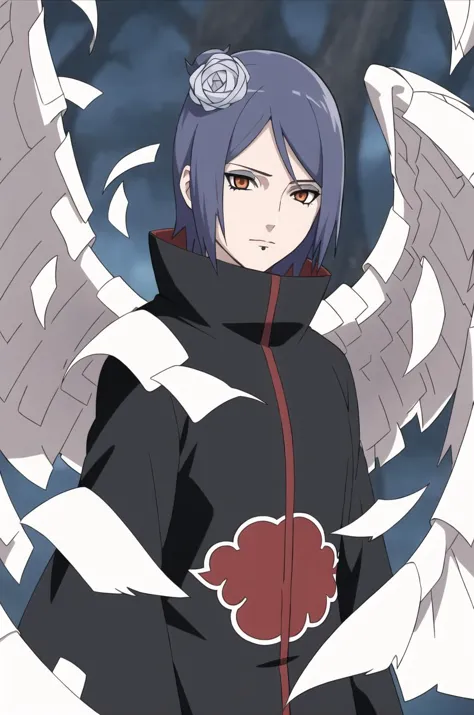 konan \(naruto\), solo, looking_at_viewer, 1girl, closed_mouth, paper wings, akatsuki outfit, paper jutsu, labret piercing,<lora...