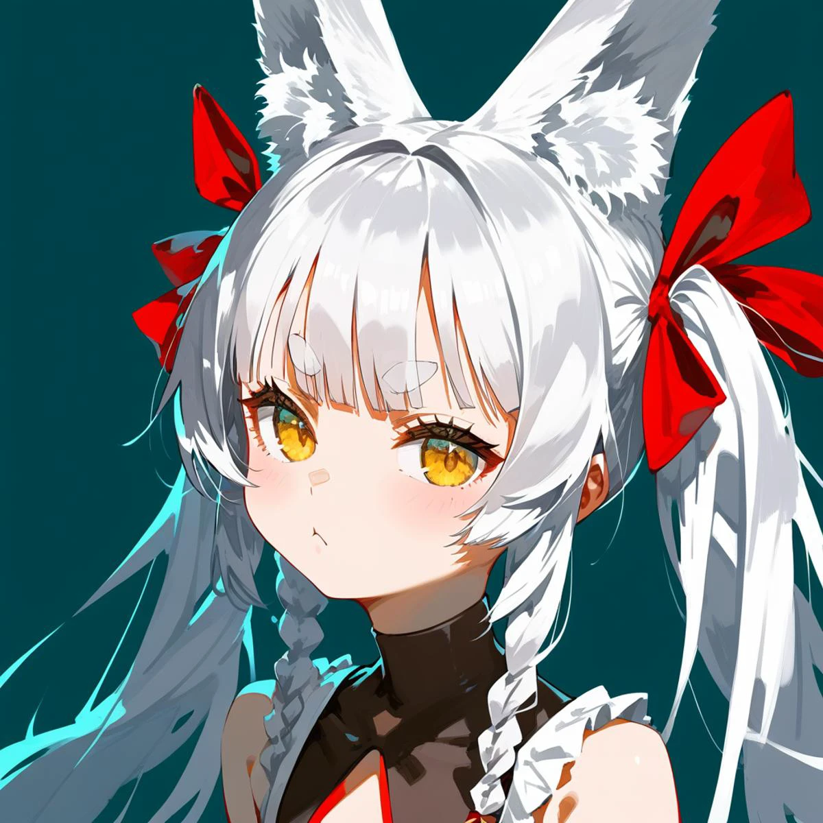score_9, score_8_up, score_7_up, score_6_up, score_5_up, score_4_up, source_anime, 
simple background,
1girl, solo, asanagi \(azur lane\), yellow eyes, white hair, short eyebrows, twintails, red ribbon, fox ears, 
 