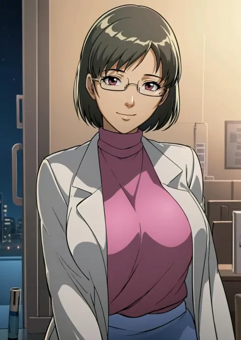 urotsukidoji researchgirl,
(solo:1.4),
1girl,brown hair, short hair, brown eye, sexy body,
white long labcoat, (gray pencil skirt:1.4), (pink turtleneck:1.4), parted bangs,long sleeves, rimless eyewear,
relaxed expression, standing, smile, tilted head,^^, holding clipboard, 
indoors, (night:1.4), laboratory,
portrait,
(masterpiece:1.4), (best quality:1.4),
professional artwork, intricate details, vivid colors, Diffused lighting, digital blending, ultra detailed body, ultra detail hair, ultra detail face,
<lora:urotsukidoji_researchgirl_ver5-10:0.8>