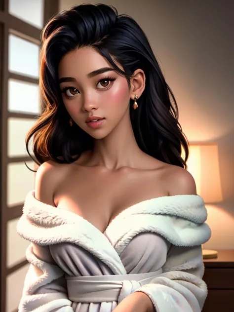 Realistic photo of a beautiful 4l3x4ndr4s woman, 1girl,solo,breasts,looking at viewer,black hair,bare shoulders,brown eyes,collarbone,parted lips,dark skin,off shoulder,dark-skinned female,lips,robe,realistic,dougi,very dark skin,bathrobe, soft lighting, professional Photography, Photorealistic, detailed, RAW, analog, sharp focus, 8k, HD, high quality, masterpiece<lora:4l3x4ndr4s:1.0>