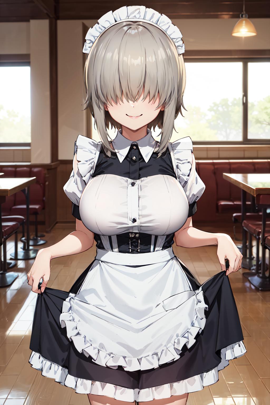 A close up of a woman in a maid outfit with a big breast - SeaArt AI