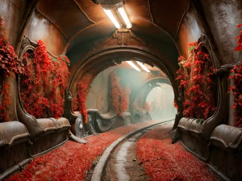 a close up of a train going through a tunnel with red leaves