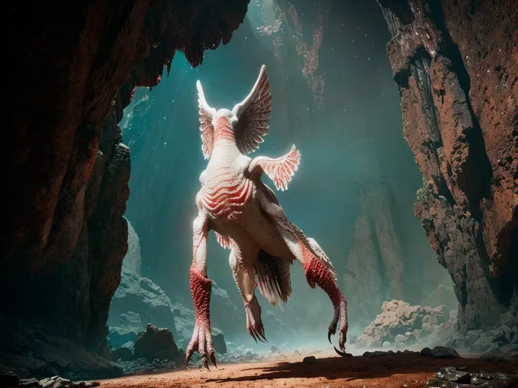 a close up of a bird flying through a cave