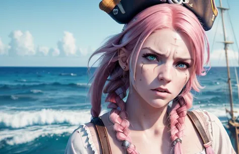 analog style, photo of a girl, (1girl, pirate girl), catears, furious expression, angry face, ( pink hair braid), ((pretty  face: 1.7, perfect face:1.5)),
(huge breasts),  pale skin, shinny skin, cross tattoo, scar, white clothes, pirate clothes, pirate hat, leaning on the mast, gesturing hands, sword, pirate ship, sea, 
8k, 3d, (best quality:1.5, hyperrealistic:1.5, photorealistic:1.4, madly detailed CG unity 8k wallpaper:1.5, masterpiece:1.3, madly detailed photo:1.2), (hyper-realistic lifelike texture:1.4, realistic eyes:1.2), (octane render, unreal engine 5) <lora:SelfBreastGrab:0.3>