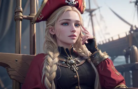 analog style, photo of a girl, (1girl, queen girl), catears, ( blonde hair braid), ((pretty  face: 1.7, perfect face:1.5)),
(huge breasts),  pale skin, shinny skin, scar, (pirate clothes, pirate hat, sitting on throne, gesturing hands, sword, pirate ship, red carpet), sea, 
8k, 3d, (best quality:1.5, hyperrealistic:1.5, photorealistic:1.4, madly detailed CG unity 8k wallpaper:1.5, masterpiece:1.3, madly detailed photo:1.2), (hyper-realistic lifelike texture:1.4, realistic eyes:1.2), (octane render, unreal engine 5) <lora:SelfBreastGrab:0.3>