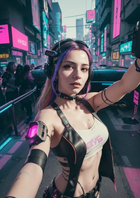 analog style, model shoot style, photo ((selfie:1.8)) of a girl, 1girl, (cyberpunk:1.8, cyberpunk city background:1.8), ((cutest face: 1.8, perfect face:1.3)), (long multicolored hair:1.4, pale skin:1.5),
(from above:1.2), best quality, epic (by lee jeffri...