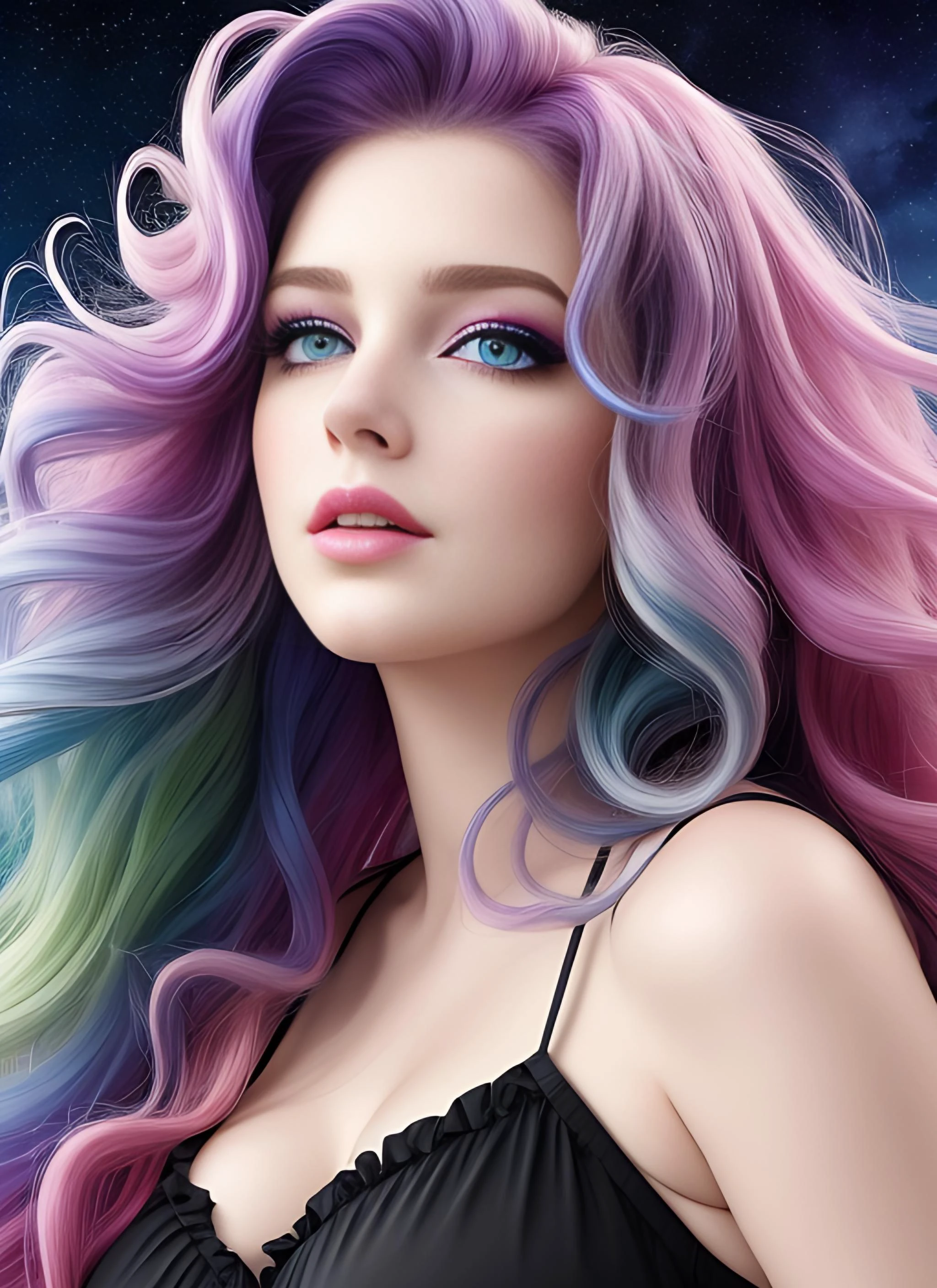 ultra realista, tiro en ángulo, Ánimo, vistoso, pelo ondulado grande, El cabello tiene mucho cuerpo, hermosa mujer hermosa, pelo salvaje del arco iris, ojos detallados, iris detallados, pelo flotante salvaje, cabello multicolor, maquillaje extremo, labios grandes y pucheros, cara ideal perfecta, Piel suave, flujo de tinta muy negro, professional fotography, foto, complejo, Fondo de cielo estrellado, fondo oscuro brillante, Iluminación desde el frente, luz de fondo suave, mujer henry fonda, joven Madison Iseman, uhd, 8k, extremadamente detallado, fotography, fotorealism, luz natural, Obra maestra, mejor calidad, Asombroso, Intrincado, muy detallado, enfoque nítido, cinematográfico,