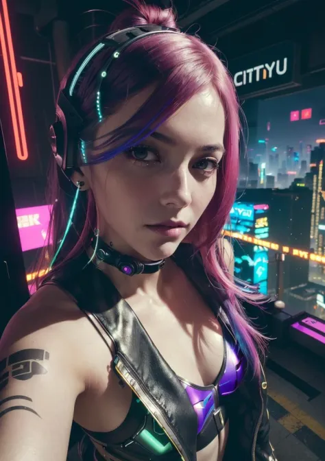 analog style, model shoot style, photo ((selfie:1.8)) of a girl, 1girl, (cyberpunk:1.8, cyberpunk city background:1.8), ((cutest face: 1.8, perfect face:1.3)), (long multicolored hair:1.4, pale skin:1.5),
(from above:1.2), best quality, epic (by lee jeffri...