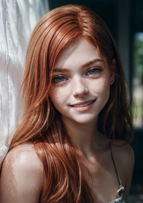 analog style, model shoot style, RAW photo (close portrait:1.5) of a (redhead girl, little girl:1.5), 1girl, (freckles, long hair), ((smile, cute face: 1.8, perfect face:1.5)), best quality, epic (by lee jeffries photo, sony a7, 50 mm, pores:1.5, colors, h...