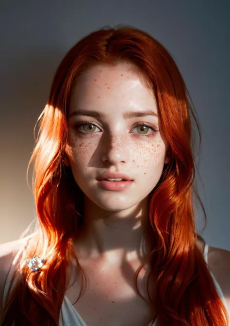 model shoot style, (high-quality, masterpiece, close portrait:1.3, dynamic pose, 4k full HD photo) of (pretty girl), (long hair, redhead girl, freckles, beautiful face:1.4), (ecstasy of light and shadow, volumetric light and shadows:1.3), (contest winner p...