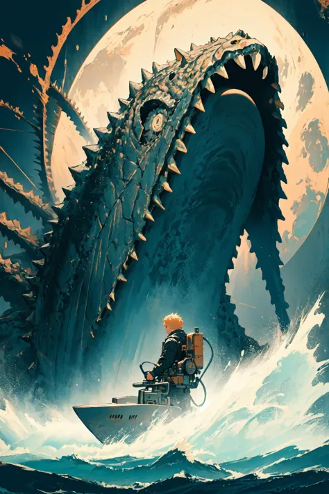 a poster of a man in a boat with a giant monster on it