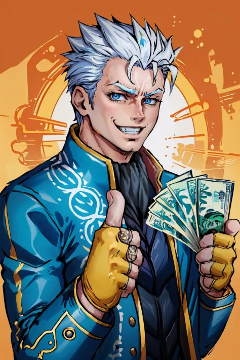 (masterpiece, best quality:1.2),  <lora:gangstersb:.85>, gangstersb, 1boy, solo, looking at viewer, upper body, money, holding, holding money, thumbs up, grin,   <lora:dmc3_vergil:0.8> dmc3vergil, blue coat, long coat, fingerless gloves