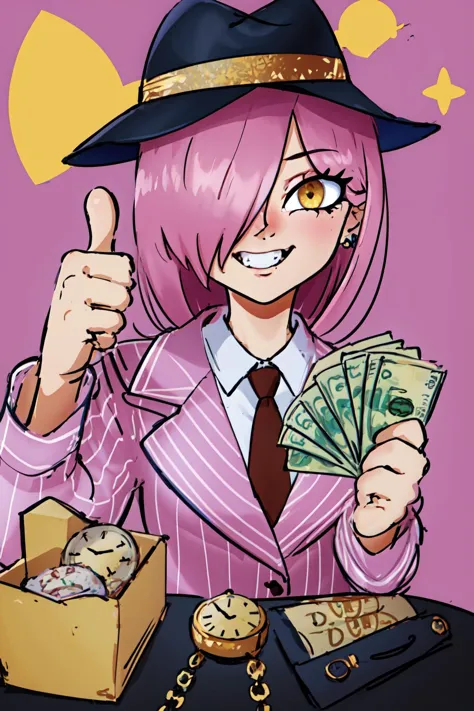 1girl, neneefthy, pink hair, hair over one eye, yellow eyes, gangstersb, upper body, money, holding, holding money, thumbs up, h...