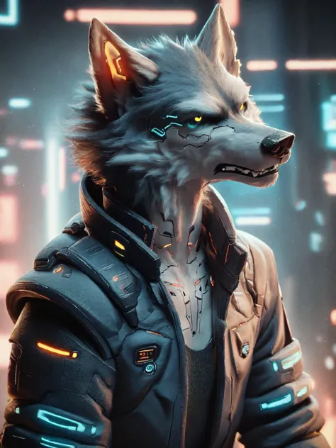 a close up of a person in a jacket with a wolf on it