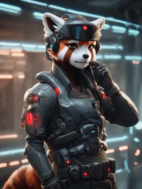 a red panda in a futuristic suit with a helmet and gloves