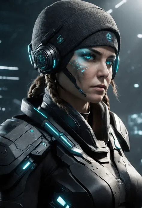 a woman in a futuristic suit with headphones and a helmet