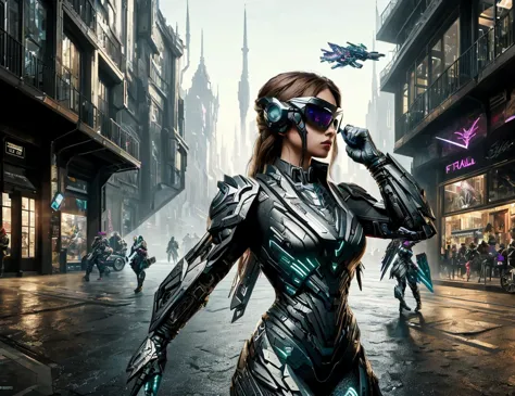 a woman in a futuristic suit and goggles on a city street