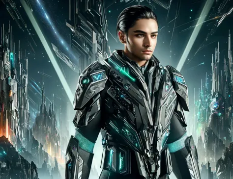 a man in a futuristic suit standing in front of a futuristic city