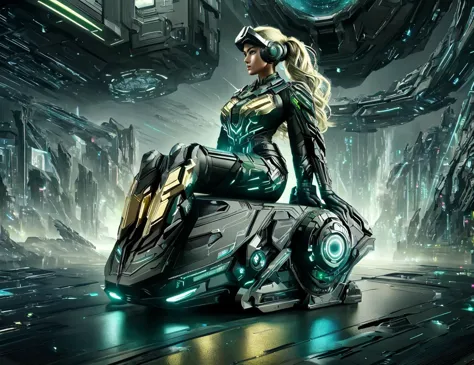 a woman in a futuristic suit sitting on a motorcycle in a futuristic city