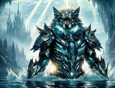 a wolf is standing in the water with a sword