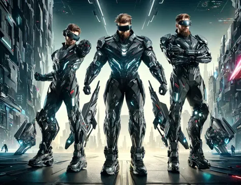 a group of men in futuristic suits standing in a city