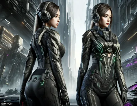 two women in futuristic clothing standing in a city