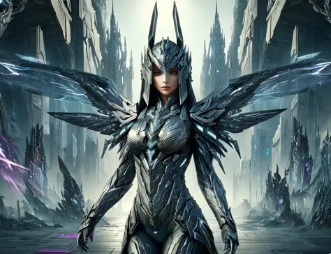 a woman in a futuristic suit standing in a dark cave