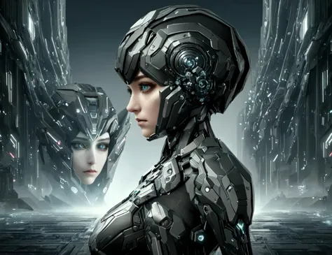 a woman in a futuristic suit and helmet standing in front of a futuristic city