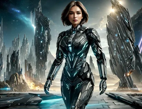 a woman in a futuristic suit walking through a sci city