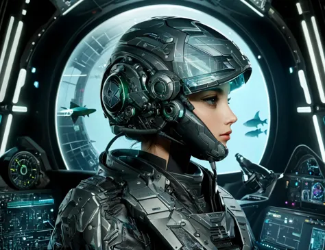 there is a woman in a space suit and helmet looking at a monitor