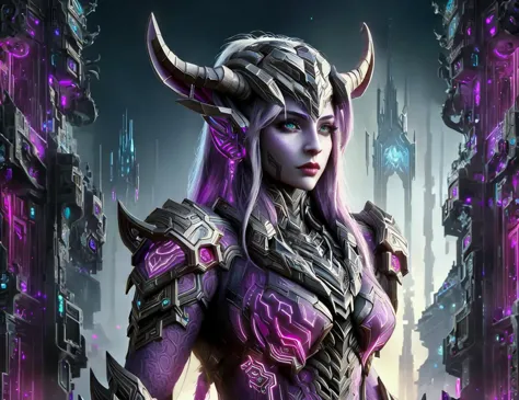 a woman in a purple outfit with horns and a sword