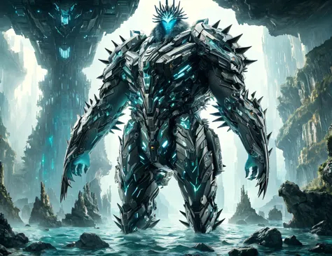 a large robot standing in a cave with a waterfall in the background