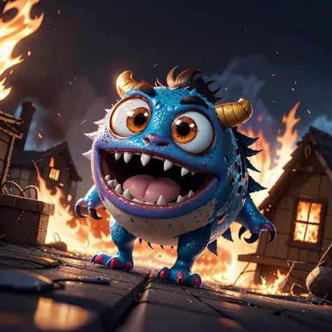 disney render, pixar render, pixar style a cute monster looking at a burning house, dutch angle, googly eyes, <lora:mouth_slider...