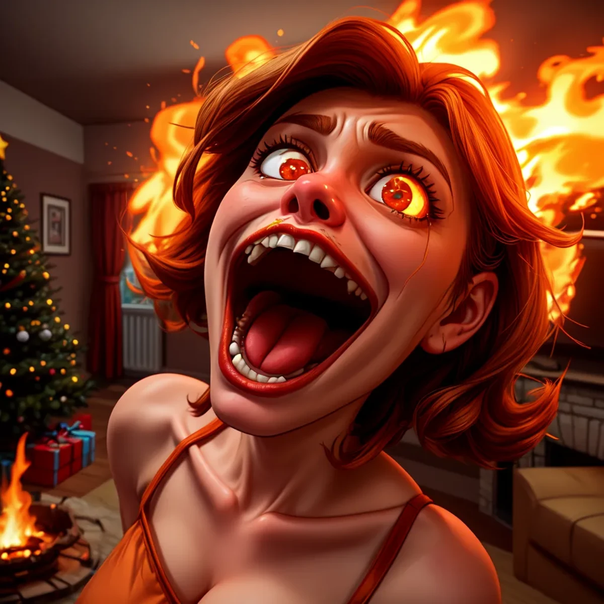 Full shot. Dutch angle A standing woman with a shocked, open mouth expression in the style of a cartoon: mouth wide open, her mouth wide open looking at a burning Christmas tree in the middle of a room.. In the style of a cartoon: wide open mouth jaw dropped open exagerated face expression. the background is a room on fire, thick orange smoke