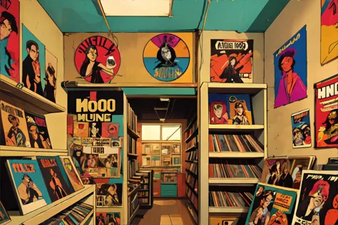 90s record store, shelves of vinyl records and CDs, walls covered with band posters, listening station with headphones, the smel...