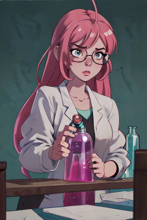 <lora:princessbubblegum-yeiyei:0.4>, bubblegumwaifu, 1girl, working in science lab, wearing lab coat and goggles, test tubes, ch...